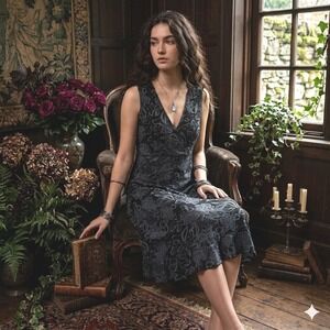 iCANTOO Dark Cottage Fairy Romantic Black Grey Floral Cotton Jersey Dress Sz. M